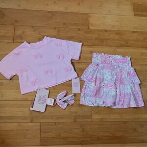 NWT Girls Size 5-6 Outfit - Pink Bows Top & Patchwork Tiered Skirt w/ shorts Set